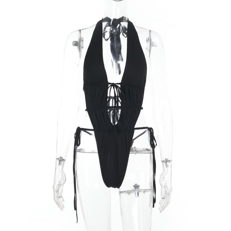 Sultry Black Halter Plunge Monokini | Sexy Lace-Up Backless Bodysuit for Your Next Getaway