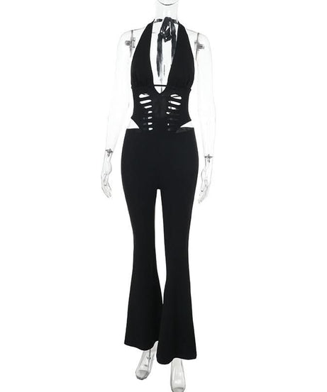 Sultry Black Halter Cutout Flare Jumpsuit - Edgy Deep V & Bell Bottoms for Fall Nights