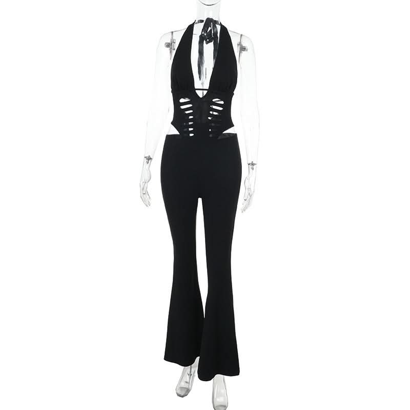 Sultry Black Halter Cutout Flare Jumpsuit - Edgy Deep V & Bell Bottoms for Fall Nights