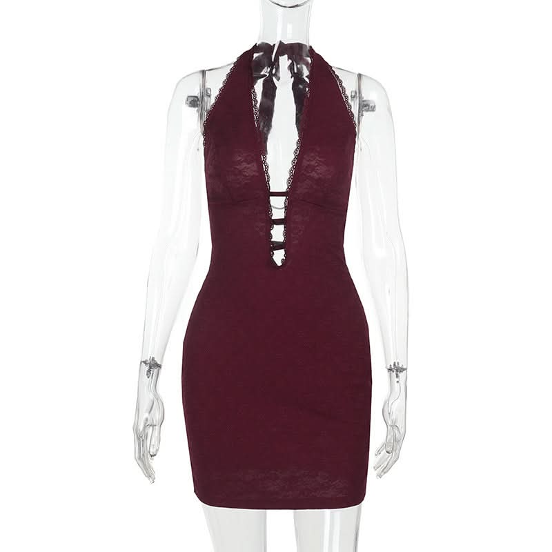 Sultry Fall Lace Halter Mini Dress with Daring Cut-Outs - Your Go-To Holiday Party Glam