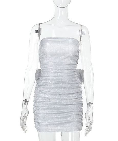 Sparkle & Slay: Glamorous Silver Ruched Strapless Mini Dress | Backless Bow Detail for Holiday Parties & NYE
