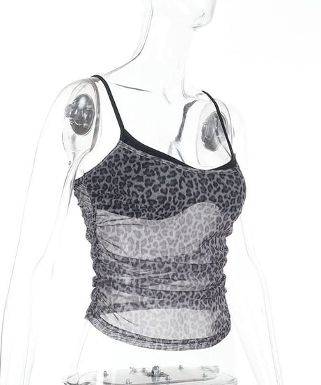 Fierce Fall Nights: Grey Leopard Ruched Mesh Cami Top – Your Trendy Autumn Essential