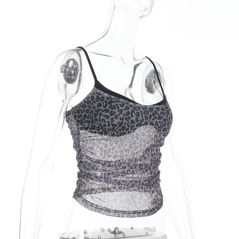 Fierce Fall Nights: Grey Leopard Ruched Mesh Cami Top – Your Trendy Autumn Essential
