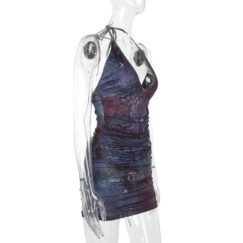 Mystic Skies Halter Deep V Ruched Mini Dress - Your Edgy Fall Night Out Essential
