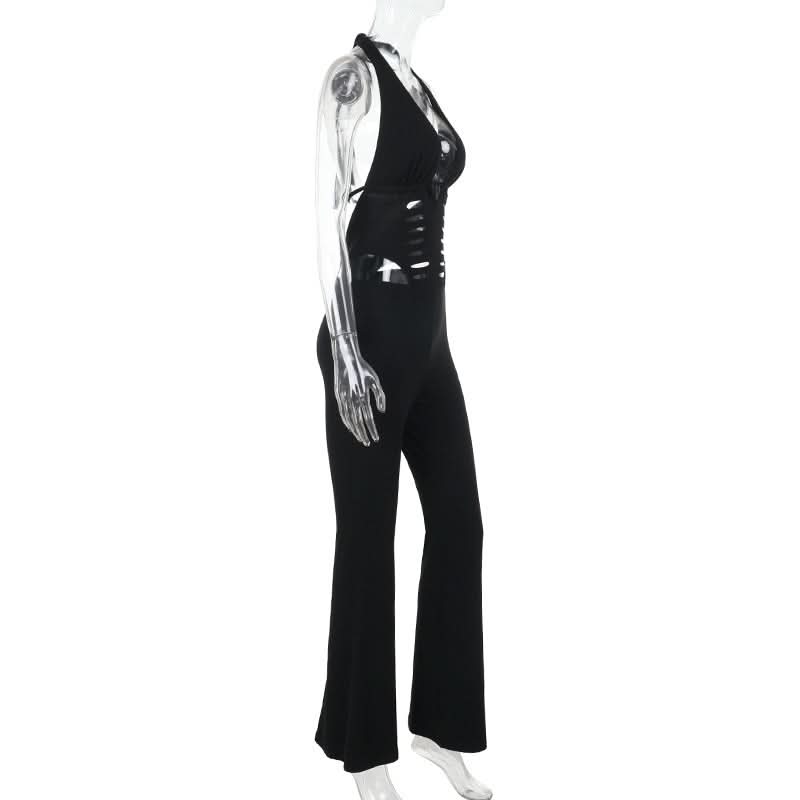Sultry Black Halter Cutout Flare Jumpsuit - Edgy Deep V & Bell Bottoms for Fall Nights