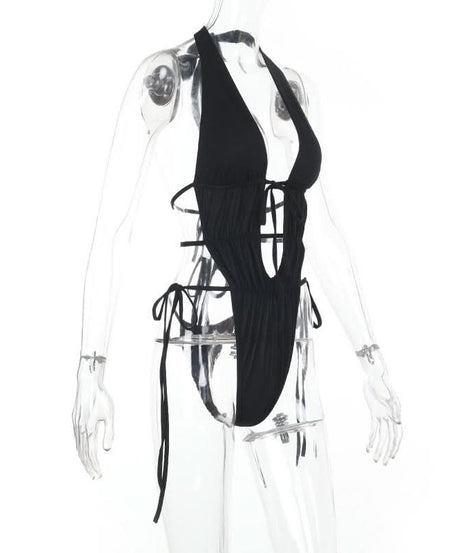 Sultry Black Halter Plunge Monokini | Sexy Lace-Up Backless Bodysuit for Your Next Getaway