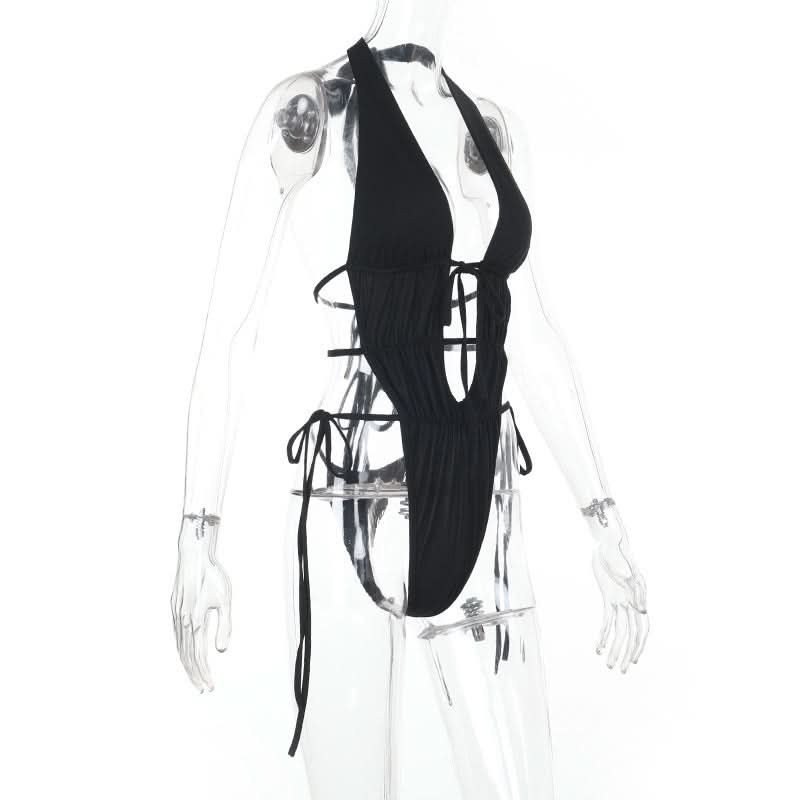 Sultry Black Halter Plunge Monokini | Sexy Lace-Up Backless Bodysuit for Your Next Getaway
