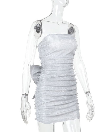 Sparkle & Slay: Glamorous Silver Ruched Strapless Mini Dress | Backless Bow Detail for Holiday Parties & NYE