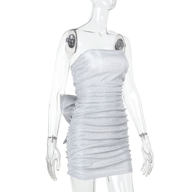 Sparkle & Slay: Glamorous Silver Ruched Strapless Mini Dress | Backless Bow Detail for Holiday Parties & NYE