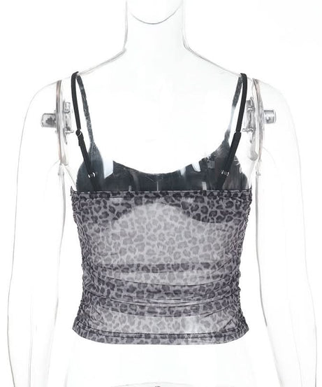 Fierce Fall Nights: Grey Leopard Ruched Mesh Cami Top – Your Trendy Autumn Essential