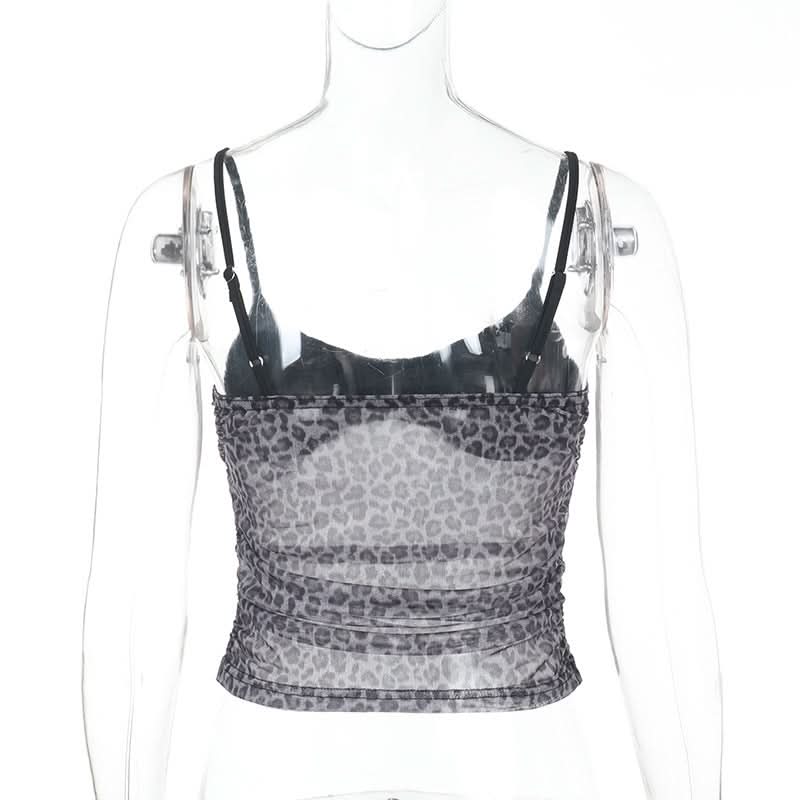 Fierce Fall Nights: Grey Leopard Ruched Mesh Cami Top – Your Trendy Autumn Essential