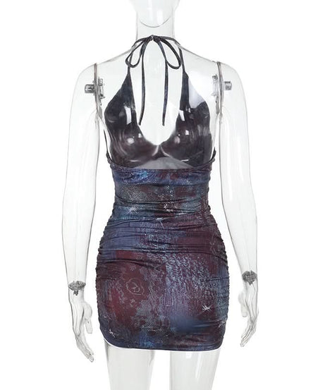 Mystic Skies Halter Deep V Ruched Mini Dress - Your Edgy Fall Night Out Essential