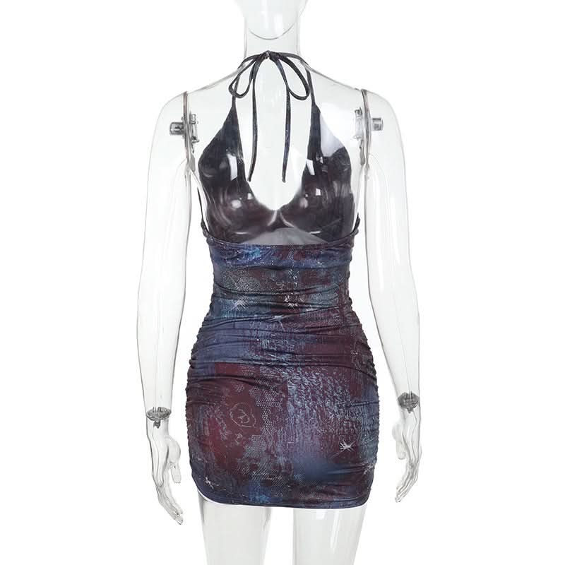 Mystic Skies Halter Deep V Ruched Mini Dress - Your Edgy Fall Night Out Essential