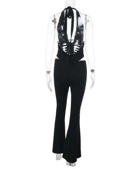 Sultry Black Halter Cutout Flare Jumpsuit - Edgy Deep V & Bell Bottoms for Fall Nights