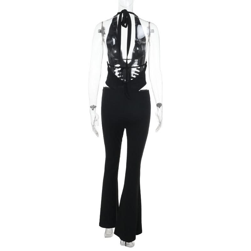 Sultry Black Halter Cutout Flare Jumpsuit - Edgy Deep V & Bell Bottoms for Fall Nights