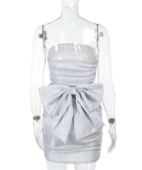 Sparkle & Slay: Glamorous Silver Ruched Strapless Mini Dress | Backless Bow Detail for Holiday Parties & NYE