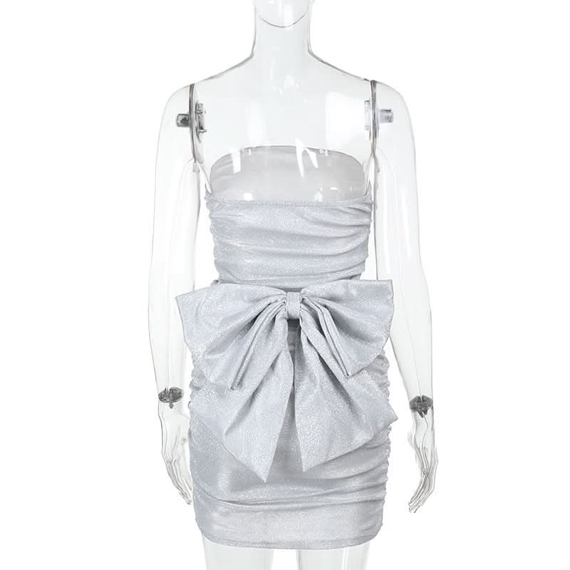 Sparkle & Slay: Glamorous Silver Ruched Strapless Mini Dress | Backless Bow Detail for Holiday Parties & NYE