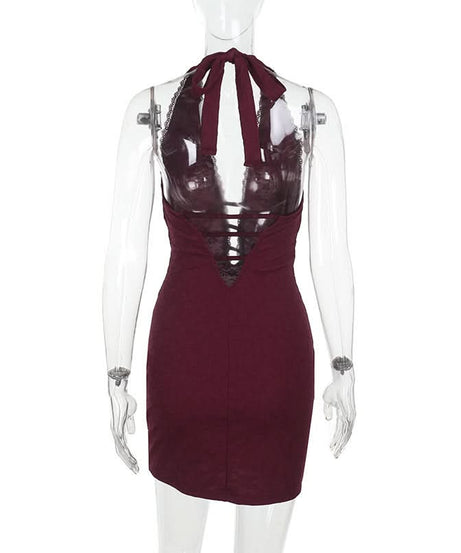 Sultry Fall Lace Halter Mini Dress with Daring Cut-Outs - Your Go-To Holiday Party Glam