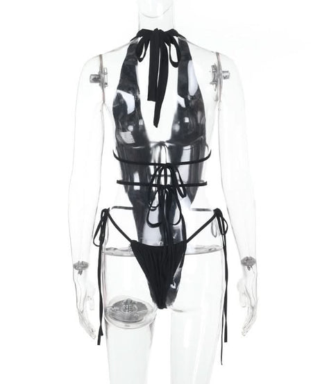 Sultry Black Halter Plunge Monokini | Sexy Lace-Up Backless Bodysuit for Your Next Getaway