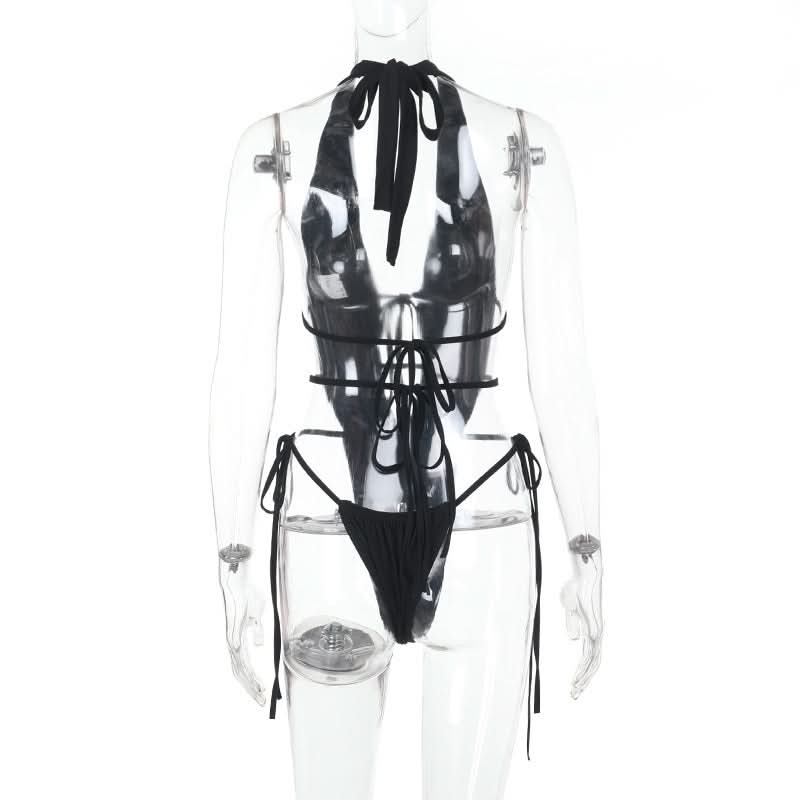 Sultry Black Halter Plunge Monokini | Sexy Lace-Up Backless Bodysuit for Your Next Getaway