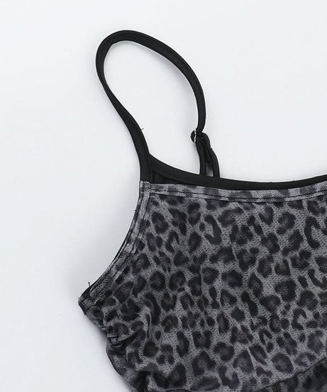 Fierce Fall Nights: Grey Leopard Ruched Mesh Cami Top – Your Trendy Autumn Essential