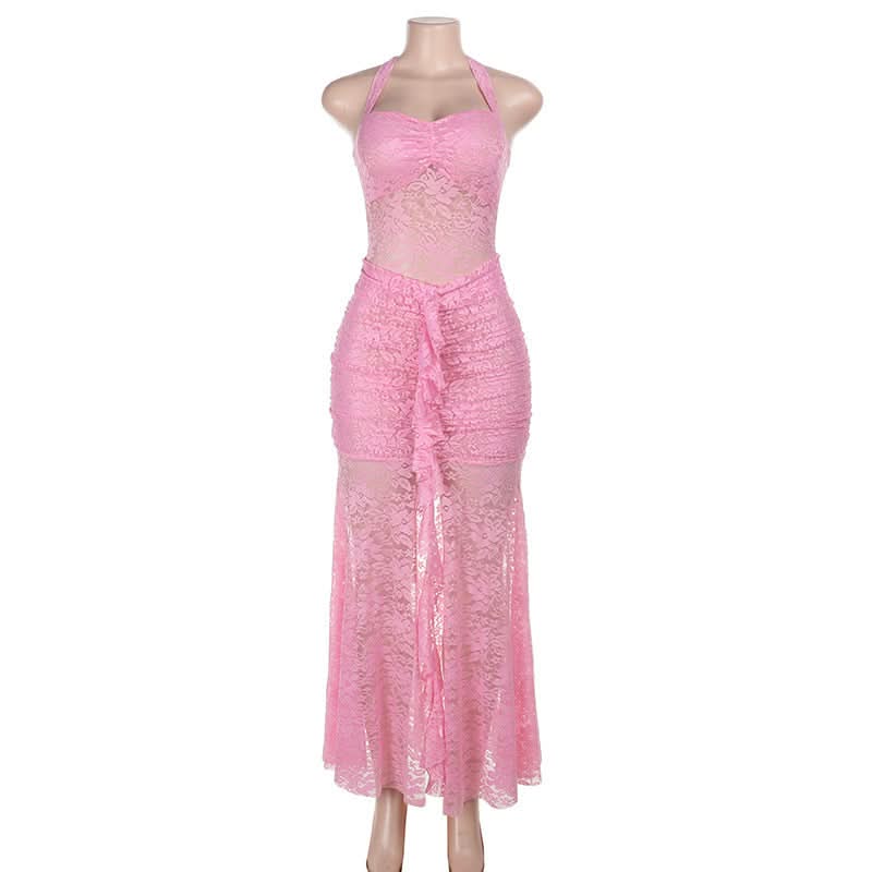 Daring Pink Lace Halter Maxi Dress - Y2K Sheer Ruched Bodycon for Unforgettable Parties & Halloween Glam