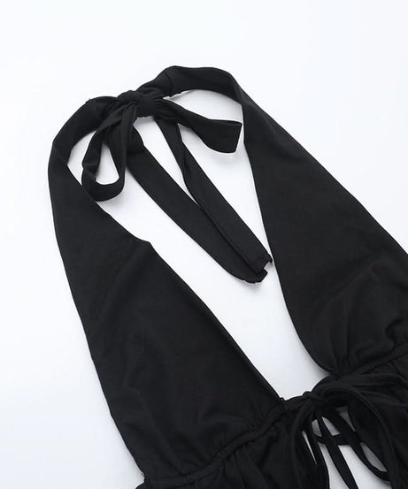 Sultry Black Halter Plunge Monokini | Sexy Lace-Up Backless Bodysuit for Your Next Getaway