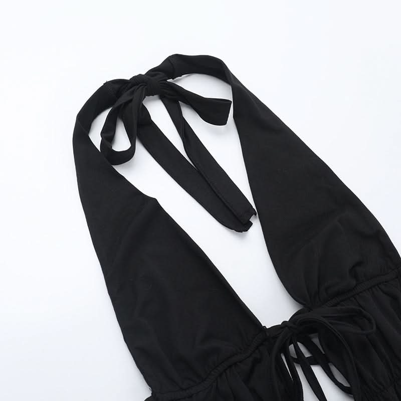 Sultry Black Halter Plunge Monokini | Sexy Lace-Up Backless Bodysuit for Your Next Getaway