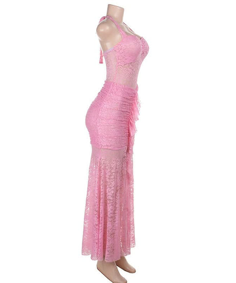 Daring Pink Lace Halter Maxi Dress - Y2K Sheer Ruched Bodycon for Unforgettable Parties & Halloween Glam
