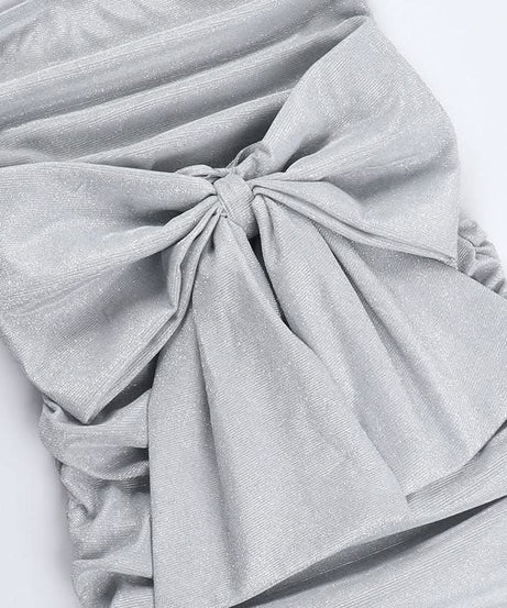 Sparkle & Slay: Glamorous Silver Ruched Strapless Mini Dress | Backless Bow Detail for Holiday Parties & NYE