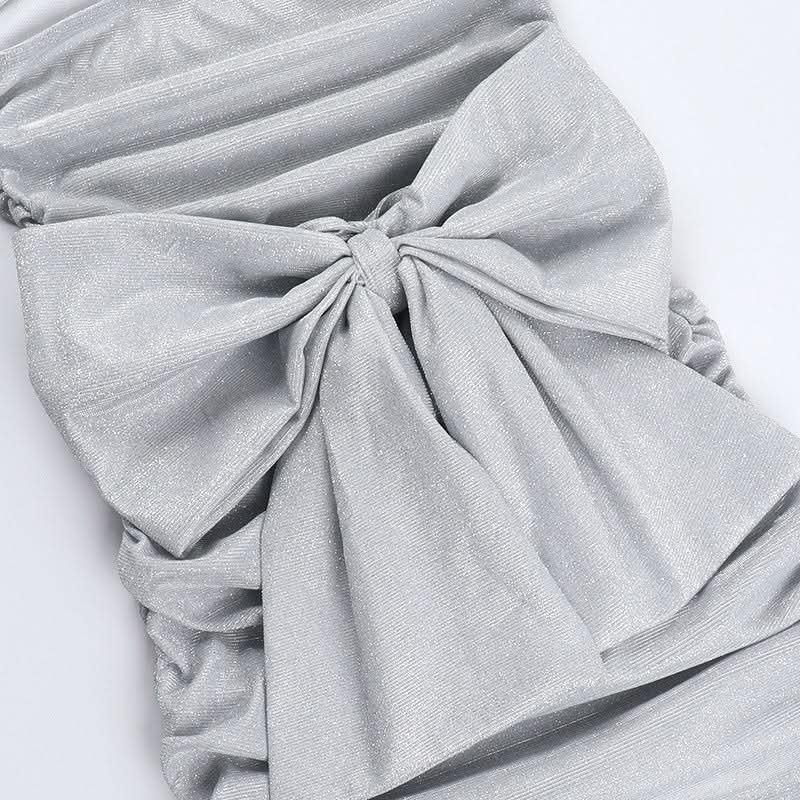 Sparkle & Slay: Glamorous Silver Ruched Strapless Mini Dress | Backless Bow Detail for Holiday Parties & NYE