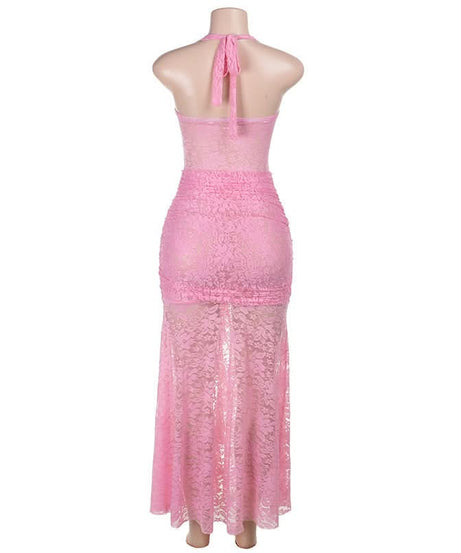 Daring Pink Lace Halter Maxi Dress - Y2K Sheer Ruched Bodycon for Unforgettable Parties & Halloween Glam