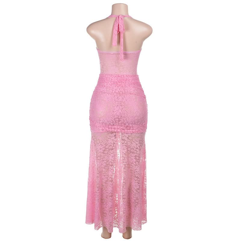 Daring Pink Lace Halter Maxi Dress - Y2K Sheer Ruched Bodycon for Unforgettable Parties & Halloween Glam