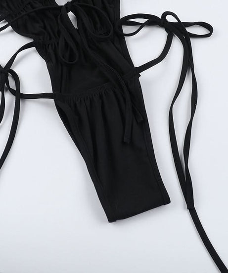 Sultry Black Halter Plunge Monokini | Sexy Lace-Up Backless Bodysuit for Your Next Getaway
