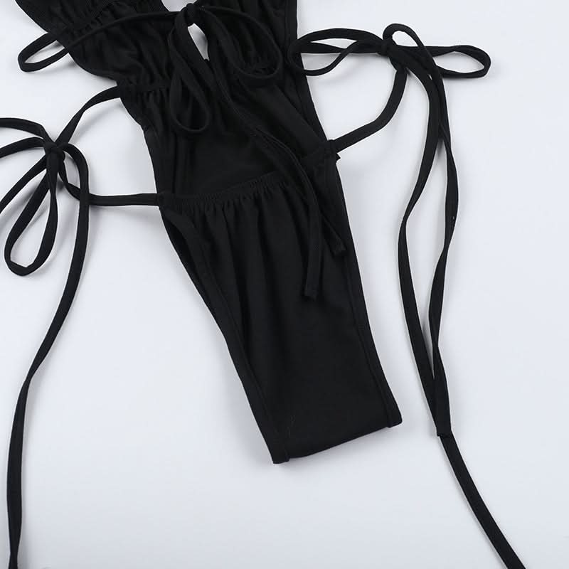 Sultry Black Halter Plunge Monokini | Sexy Lace-Up Backless Bodysuit for Your Next Getaway