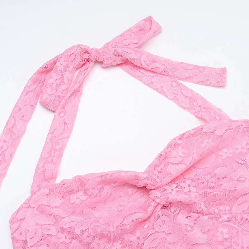 Daring Pink Lace Halter Maxi Dress - Y2K Sheer Ruched Bodycon for Unforgettable Parties & Halloween Glam