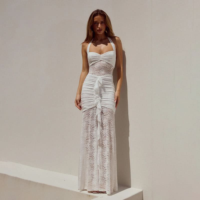 Daring Pink Lace Halter Maxi Dress - Y2K Sheer Ruched Bodycon for Unforgettable Parties & Halloween Glam