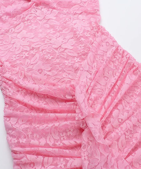 Daring Pink Lace Halter Maxi Dress - Y2K Sheer Ruched Bodycon for Unforgettable Parties & Halloween Glam