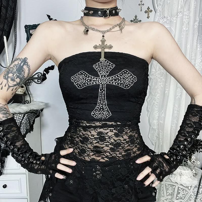 Gothic Glam: Rhinestone Cross Lace Tube Top - Spooky Chic for Halloween & Fall Nights