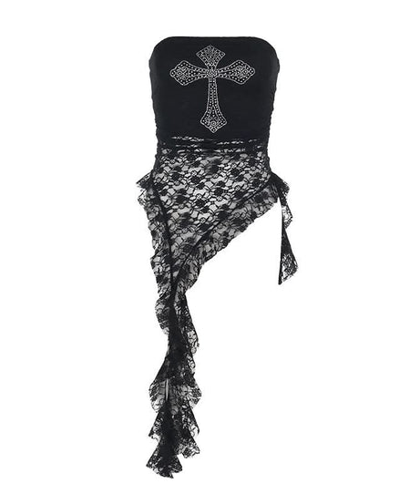 Gothic Glam: Rhinestone Cross Lace Tube Top - Spooky Chic for Halloween & Fall Nights