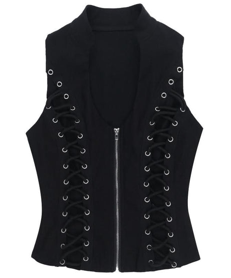 Gothic Lace-Up Zip Vest | Edgy Black Alt-Fashion Top for Fall & Halloween