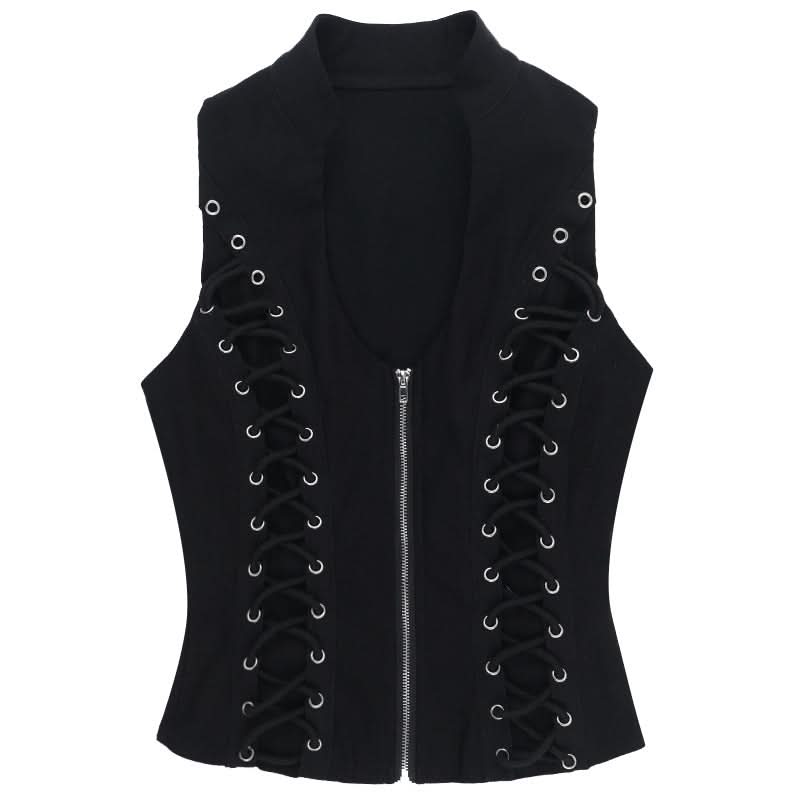 Gothic Lace-Up Zip Vest | Edgy Black Alt-Fashion Top for Fall & Halloween