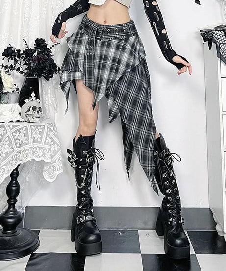 Unleash Your Edge: Women's High-Waisted Asymmetrical Plaid Mini Skirt - Perfect Goth & Punk Fall Style