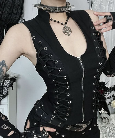 Gothic Lace-Up Zip Vest | Edgy Black Alt-Fashion Top for Fall & Halloween