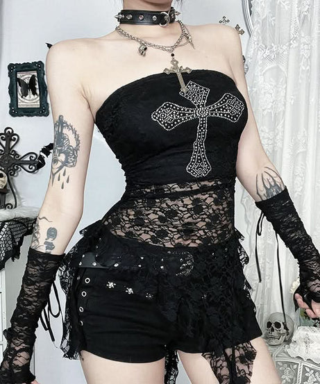Gothic Glam: Rhinestone Cross Lace Tube Top - Spooky Chic for Halloween & Fall Nights