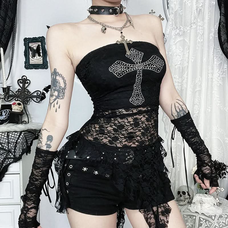 Gothic Glam: Rhinestone Cross Lace Tube Top - Spooky Chic for Halloween & Fall Nights