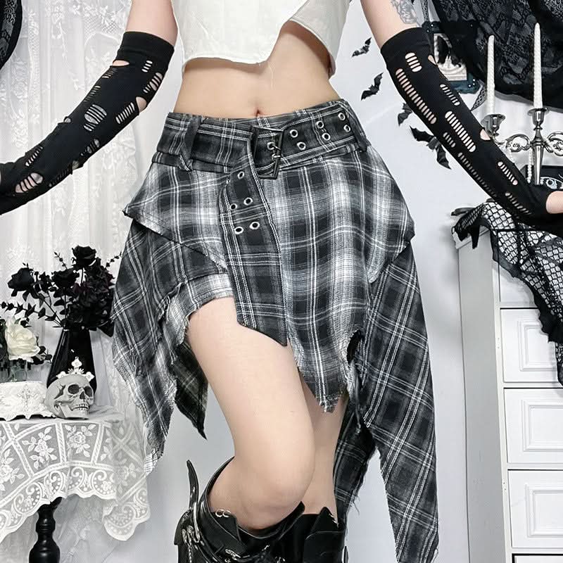 Unleash Your Edge: Women's High-Waisted Asymmetrical Plaid Mini Skirt - Perfect Goth & Punk Fall Style