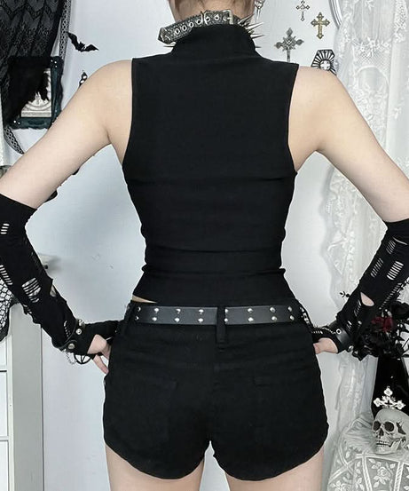 Gothic Lace-Up Zip Vest | Edgy Black Alt-Fashion Top for Fall & Halloween