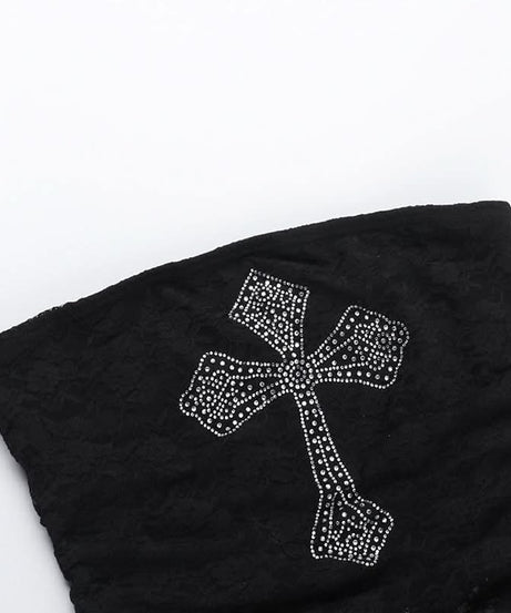 Gothic Glam: Rhinestone Cross Lace Tube Top - Spooky Chic for Halloween & Fall Nights