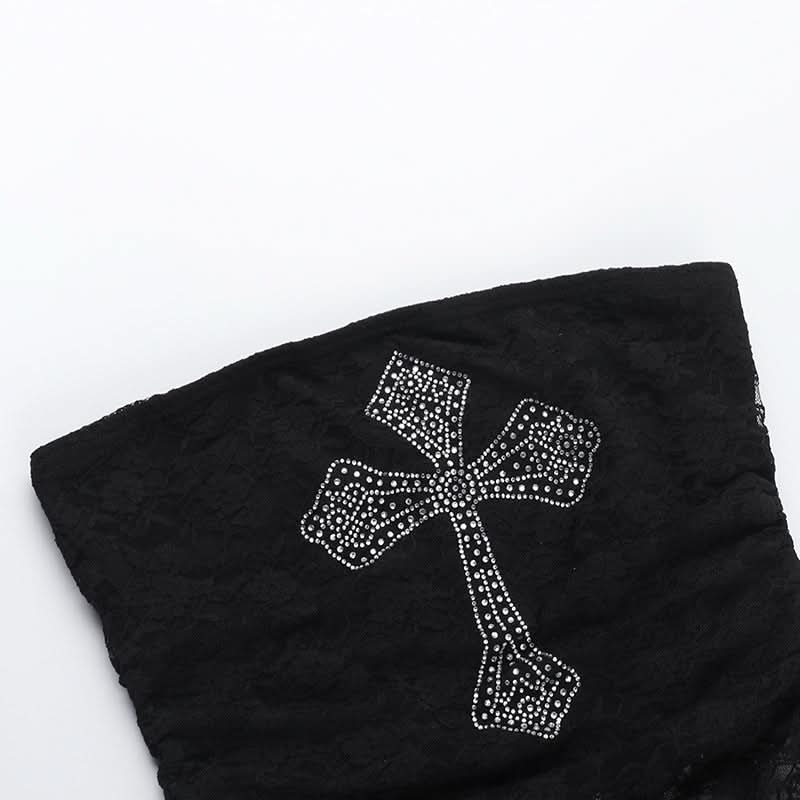 Gothic Glam: Rhinestone Cross Lace Tube Top - Spooky Chic for Halloween & Fall Nights